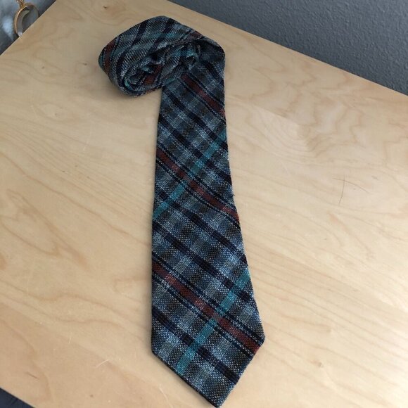 Vintage Roxburgh Melrose Mens Wool Plaid Necktie Brown Tan Made in Scotland Tie - Picture 6 of 6